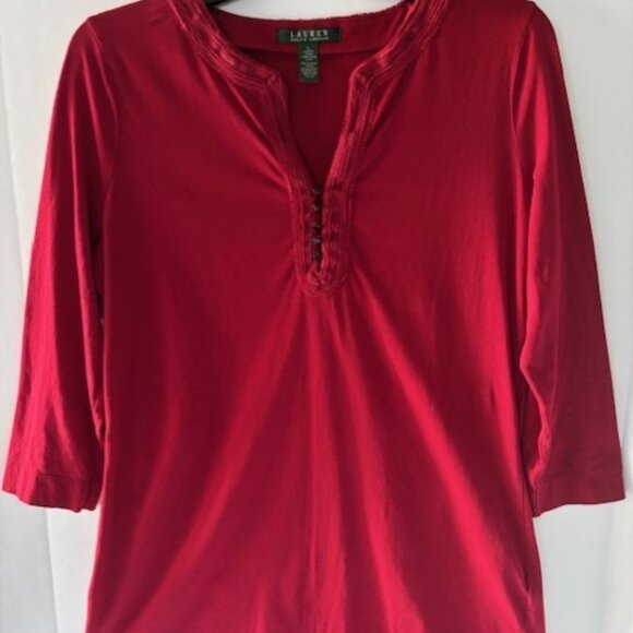 Lauren Ralph Lauren L Spilt V Neck Stich 3/4 Sleeve Blouse Red Casual Tailored - Picture 1 of 5